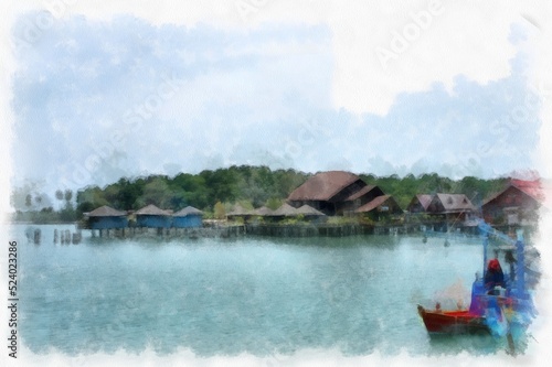 Seaside landscape fishing village and beach watercolor style illustration impressionist painting. © Kittipong
