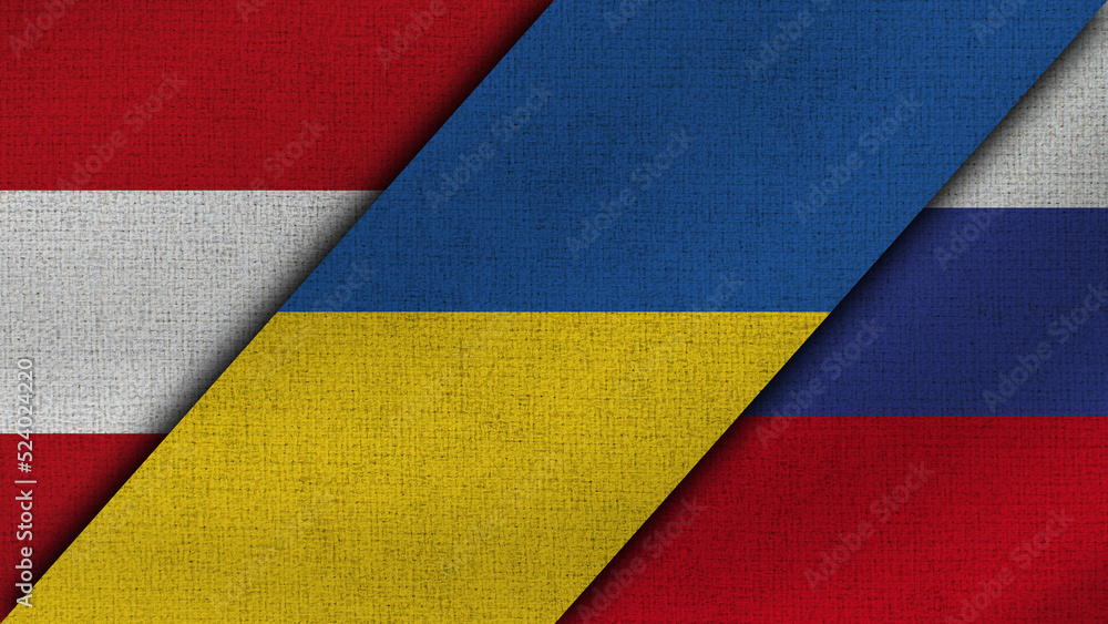 Switzerland and Ukraine and Russia Realistic Texture Flags Together - 3D Illustration