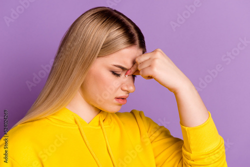 Profile side photo of young woman fingers touch nose flu ill sick spasm suffer isolated over violet color background