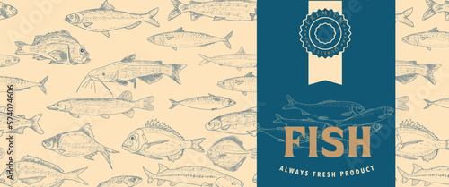 Fish vector design of packaging or label. Modern printed seafood background, vintage sketch of fish seamless pattern.