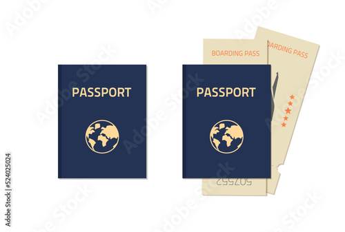 Passport isolated and with flight tickets vector icon for international travel trip flat cartoon illustration clipart image, id document cover cut out, vocation abroad by air plane, boarding pass