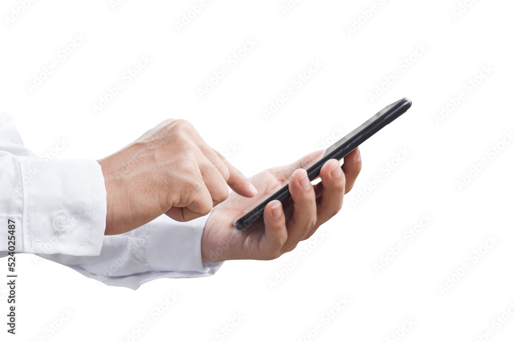 Close-up image of businessman hand holding mobile phone isolated on transparent background - PNG format. Close-up image of businessman hand holding mobile phone isolated on transparent background - PNG format.