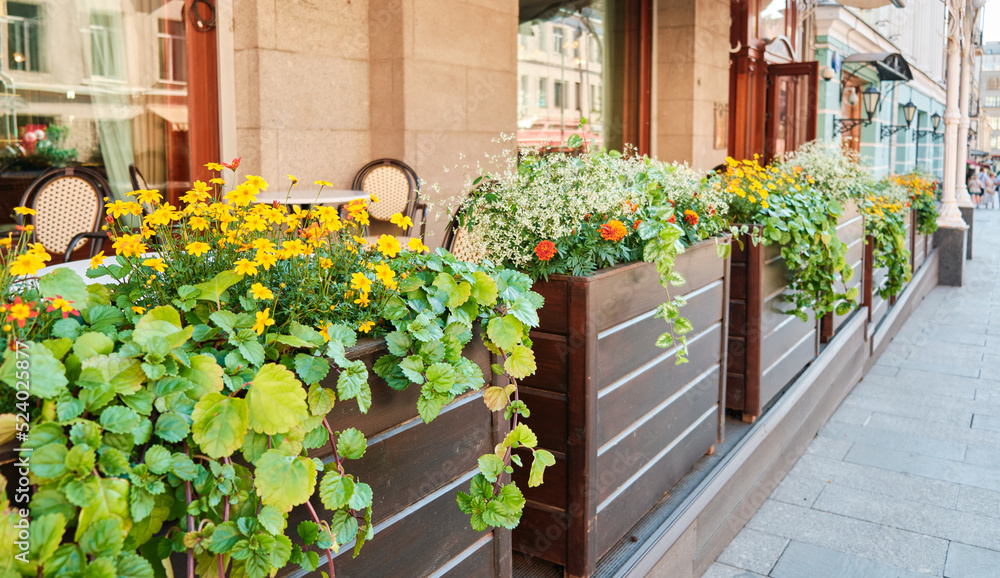 Summer outdoor terrace with yellow flowers in pots, for coffee and restaurant with tables and chairs.