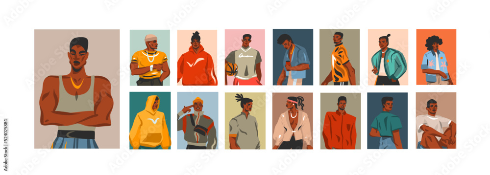Hand drawn vector abstract graphic illustrations collection set with young happy black afro american beauty men group lifestyle avatar portrait ,summer boho style.People face avatar concept design. Hand drawn vector abstract graphic illustrations collection set with young happy black afro american beauty men group lifestyle avatar portrait ,summer boho style.People face avatar concept design.