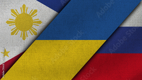 Philippines and Ukraine and Russia Realistic Texture Flags Together - 3D Illustration