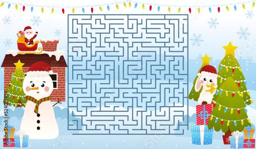 Christmas riddle for kids with cute bunny decorates christmas tee, labyrinth maze game, printable worksheet for children