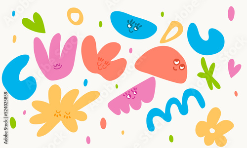 Vector cute and colorful trendy illustrated faces and shapes with cute eye and mouths