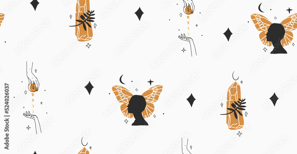 Hand drawn vector abstract stock flat graphic illustration with logo element,bohemian magic art seamless pattern of woman hands,gold butterfly,stars and moon in simple style,feminine astrology design. Hand drawn vector abstract stock flat graphic illustration with logo element,bohemian magic art seamless pattern of woman hands,gold butterfly,stars and moon in simple style,feminine astrology design.