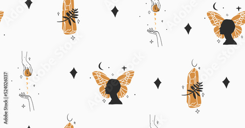Hand drawn vector abstract stock flat graphic illustration with logo element,bohemian magic art seamless pattern of woman hands,gold butterfly,stars and moon in simple style,feminine astrology design.