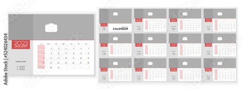 Desktop Monthly Photo Calendar 2023. Simple monthly horizontal photo calendar Layout for 2023 year in English. Cover Calendar Template and 12 monthes templates. Week starts from Sunday. Vector 