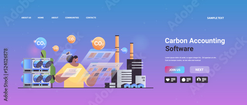 carbon accounting software concept businesswoman analyzing statistic data graphs responsibility of co2 emission