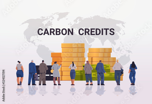 businesspeople near coins pills responsibility of co2 emission free trading carbon tax credit environment strategy