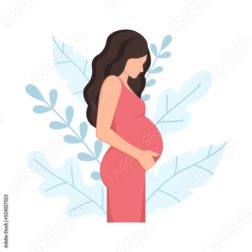 Pregnant woman in red dress on background with leaves. Pregnancy and motherhood concept. Flat faceless design.