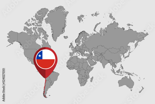 Pin map with Chile flag on world map. Vector illustration.