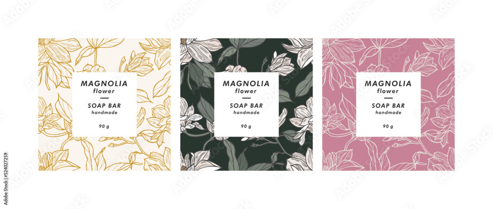 Vector set seamless patterns for cosmetics with template design labels. Backgrounds with magnolia flowers for handmade soap.
