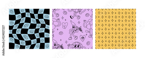 Vector illustration set groovy seamless patterns with retro stickers.