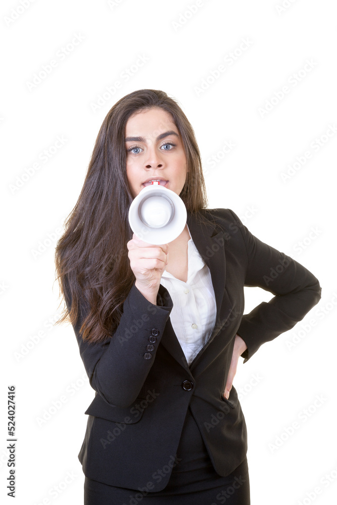 Young Professional Businesswoman is Warning Us with a Megaphone Young Professional Businesswoman is Warning Us with a Megaphone