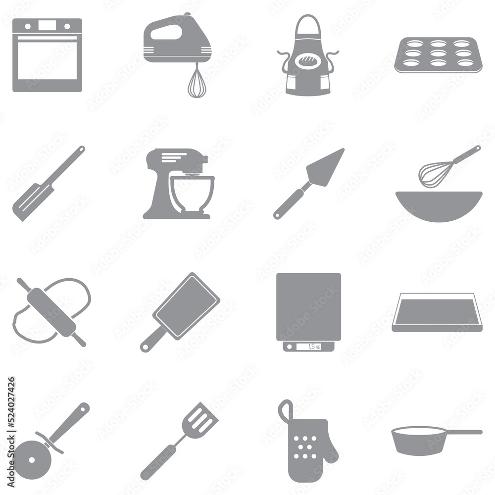 Fototapeta premium Bakery Equipment Icons. Gray Flat Design. Vector Illustration.