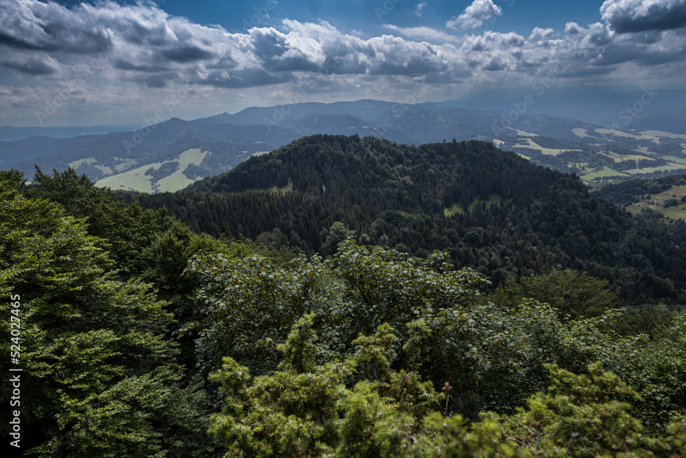 Polska, Szczawnica, piękne cudowne góry Pieniny, krajobrazy i widoki na skały lasy, góry, doliny. 