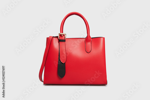 Women's Red Leather Bag Handbag Isolated on White Background. Women Top Handle bag with gold buckle