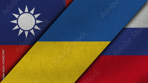 Taiwan and Ukraine and Russia Realistic Texture Flags Together - 3D Illustration