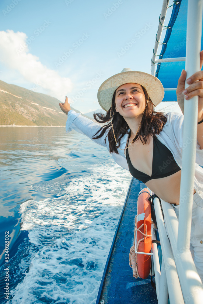 beautiful smiling woman portrait at cruise ship summer vacation - obrazy, fototapety, plakaty 