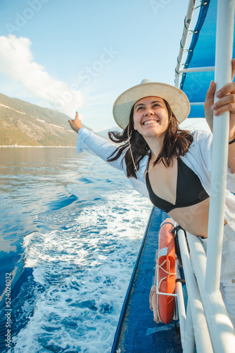 beautiful smiling woman portrait at cruise ship summer vacation