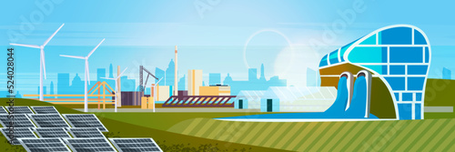 Hydroelectric station wind turbines and solar panels waste free world clean power renewable energy sources concept