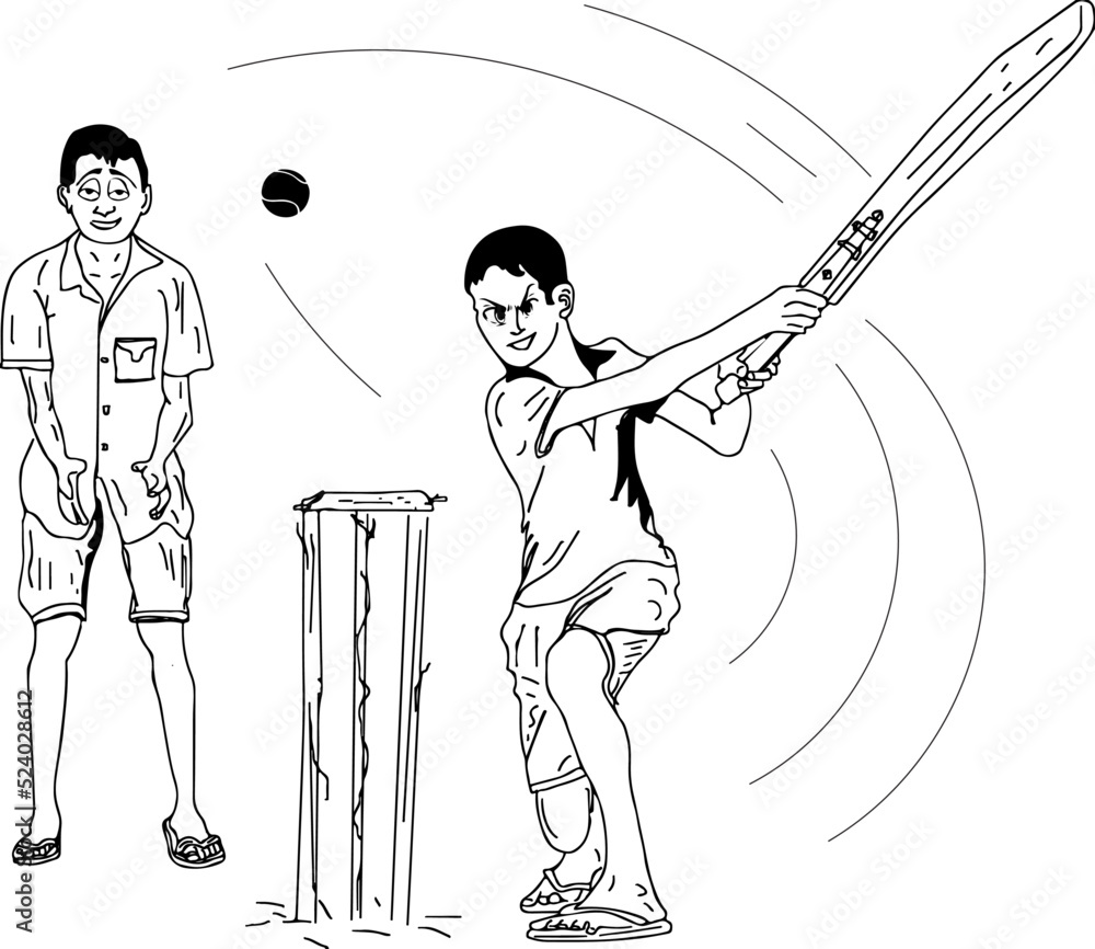 Gully Cricket Line Art Vector Indian Kids Playing Cricket In Street