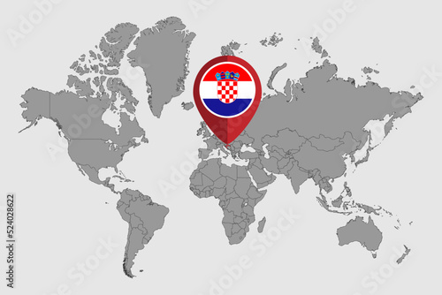 Pin map with Croatia flag on world map. Vector illustration.
