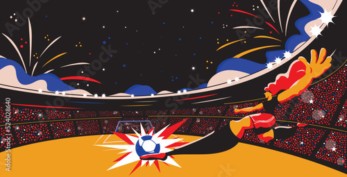 Woman playing football in the stadium vector illustration. Female football or soccer player kicks the goal in the football gates in the stadium full of sports fans, flat style