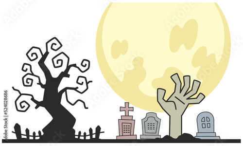 月に照らされたお化けの木とお墓からでるゾンビの手のイラスト素材。