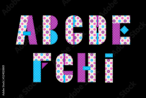 Colorful patchwork english alphabet. Isolated quilt letters for digital scrapbooking.