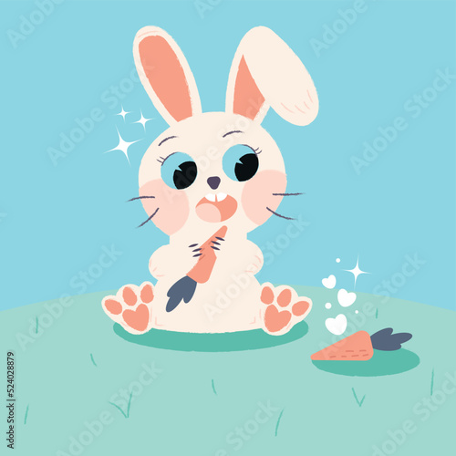 A cute white little curious hare holds carrot in its paws, bunny or rabbit wants to eat it another one. Cartoon texture vector illustration. Children's design for clothing, poster, ad