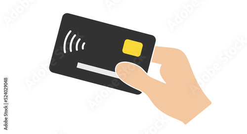 Contactless payment, hand holding NFC bank card. Flat vector illustration isolated on white background.