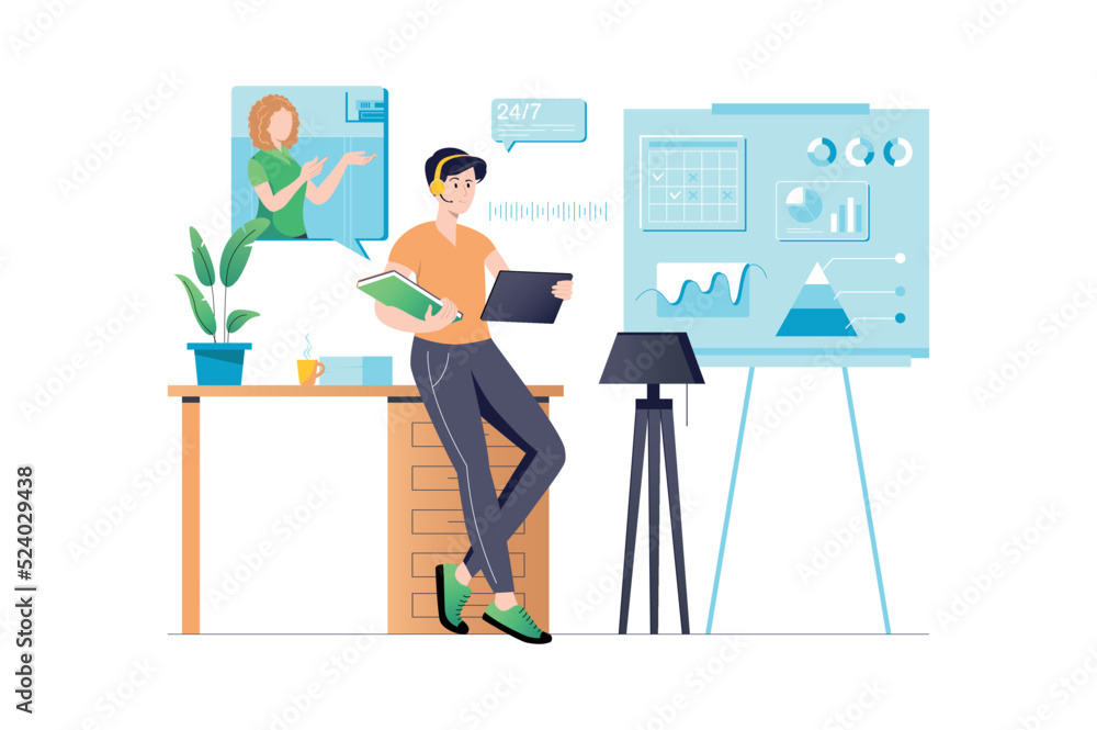 Concept call center with people scene in flat cartoon style. Call center employee informs the client about products and services she is interested in by phone. Vector illustration. Concept call center with people scene in flat cartoon style. Call center employee informs the client about products and services she is interested in by phone. Vector illustration.