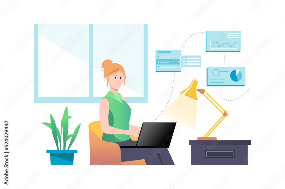 Data analysis concept with people scene in flat cartoon design. Woman in the office works on analyzing data that her colleagues provide electronically. Vector illustration.