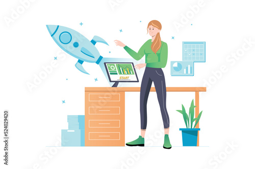 Concept business startup with people scene in flat cartoon design. Girl is finishing the development of her new business startup. Vector illustration.