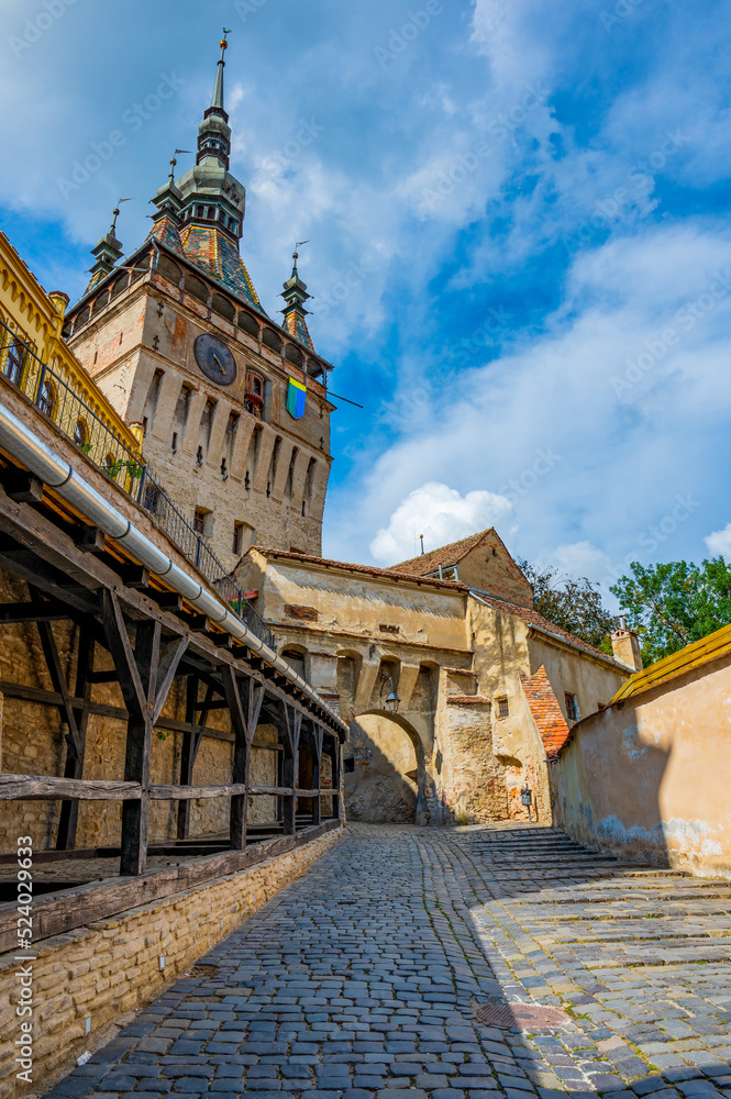 Sighisoara, Transylvania, Romania with famous medieval fortified city and the Clock Tower built by Saxons.