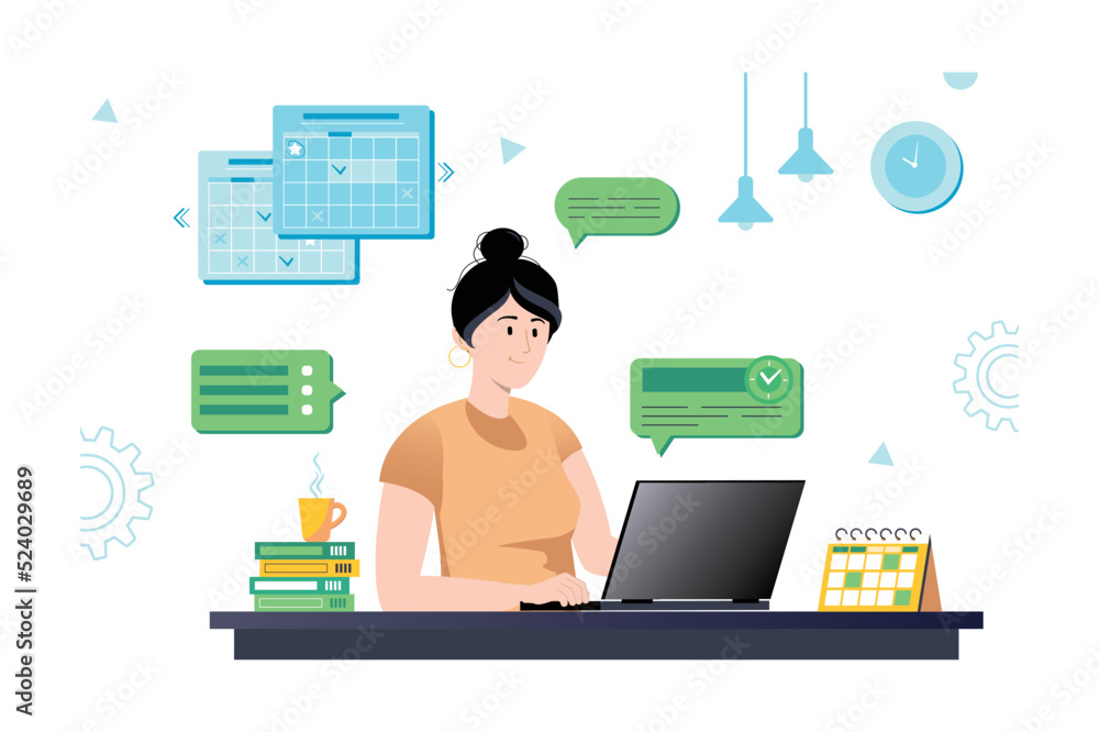 Concept planning with people scene in flat cartoon design. Woman makes a list of plans for the near future and enters them into a table on the computer. Vector illustration.