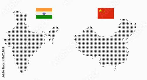 India and China dotted map with flag. Countries participating in the gas and political crisis. Flat vector illustration isolated on white background.