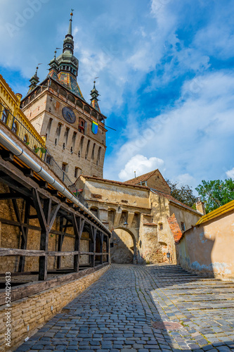 Sighisoara, Transylvania, Romania with famous medieval fortified city and the Clock Tower built by Saxons.