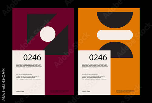 Minimal abstract posters. Bauhaus poster template layout with clean typography and minimal vector pattern with abstract geometric shapes. Great for poster art, album cover prints.