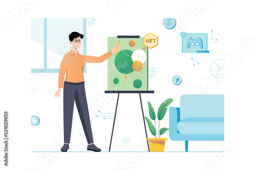 NFT concept with people scene in flat cartoon design. Man analyzes earnings and explains on whiteboard new strategy of digitization asset. Vector illustration.