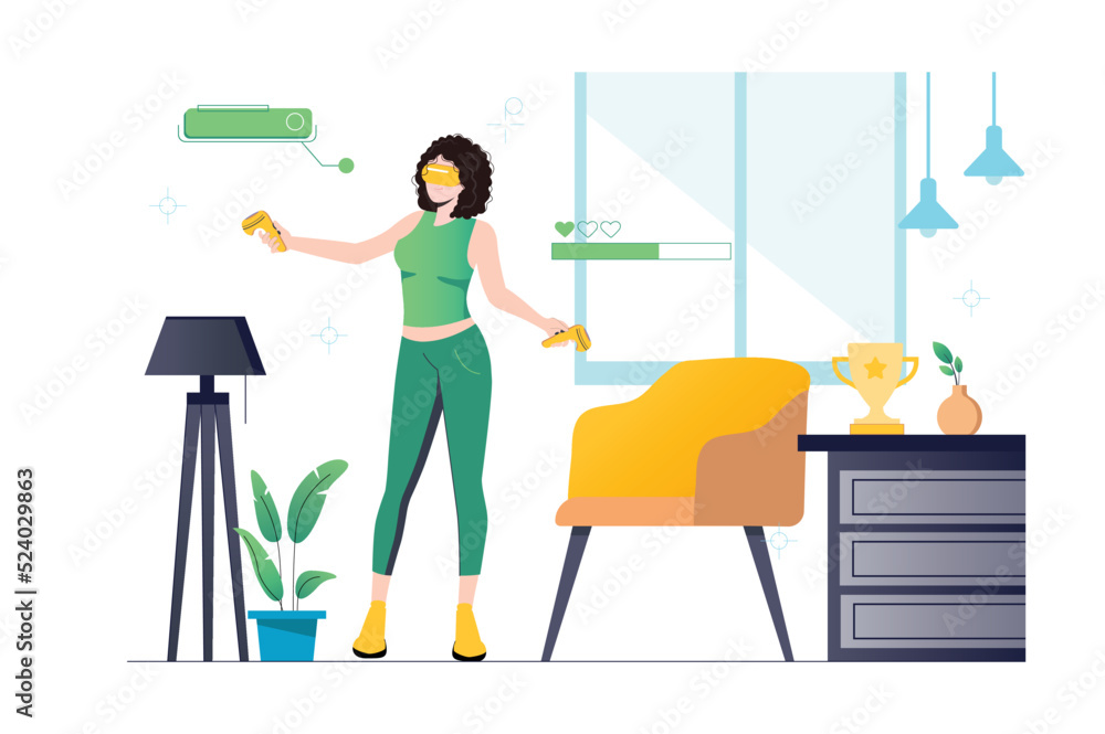 Virtual reality concept with people scene in flat cartoon design. Woman in her room is in a virtual reality created by computer and innovative technologies. Vector illustration. Virtual reality concept with people scene in flat cartoon design. Woman in her room is in a virtual reality created by computer and innovative technologies. Vector illustration.