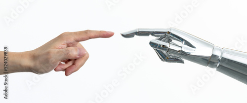 Human hand touching robot finger photo