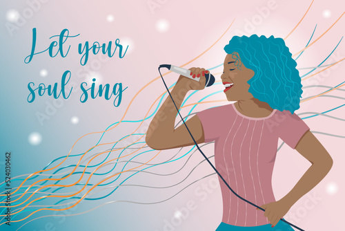 Young happy smiling woman singing