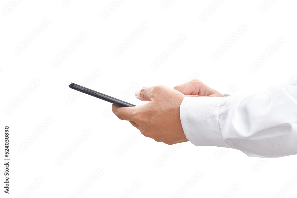Close-up image of businessman hand holding mobile phone isolated on transparent background - PNG format. Close-up image of businessman hand holding mobile phone isolated on transparent background - PNG format.