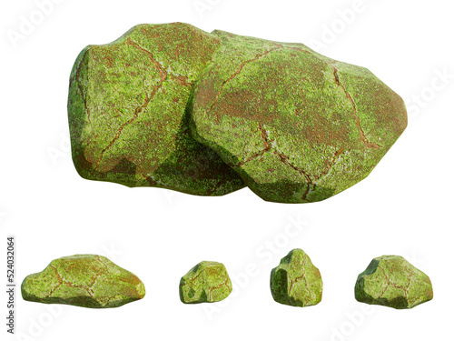 3d illustration decorated with mountain rocks or in various natural forests Isolated on white background. green stone set - clipping path