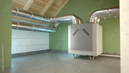 Air recuperator - attic ventilation system. 3D illustration photo